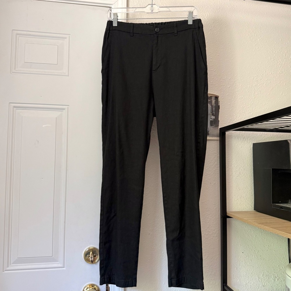 PAS DE CALAIS black linen rayon pull on slim straight leg cropped pants